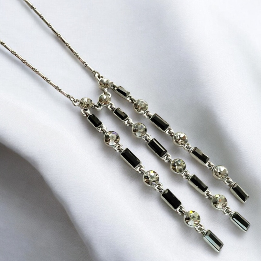 Givenchy Vintage GUNMETAL Fringe Crystal STATEMENT Necklace Dangle Drop